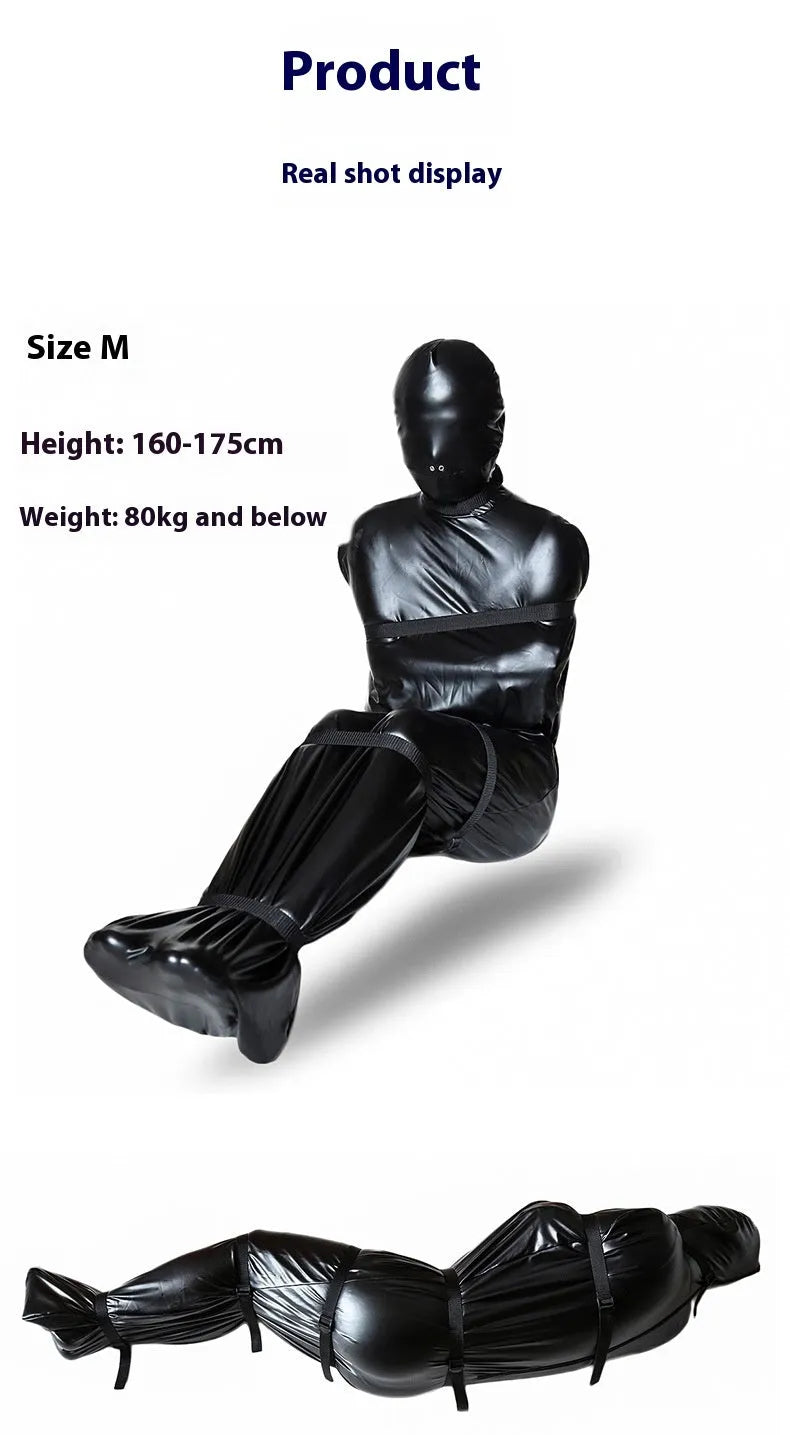 Black patent leather bondage set with nostril clothes and six ratchet tie down straps