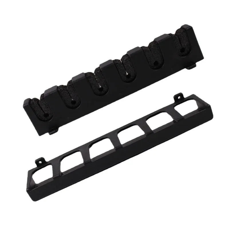 Black wall-mounted fishing rod holder stand in ABS plastic with self-tapping screws for upright or horizontal rod storage