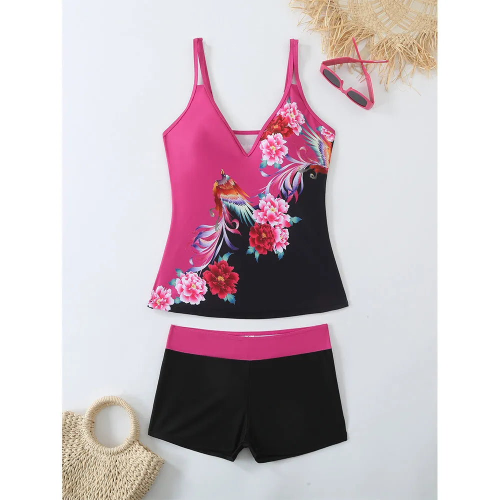 Women's plus size swimsuit set with matching swimming trunks in black or rose red printed design