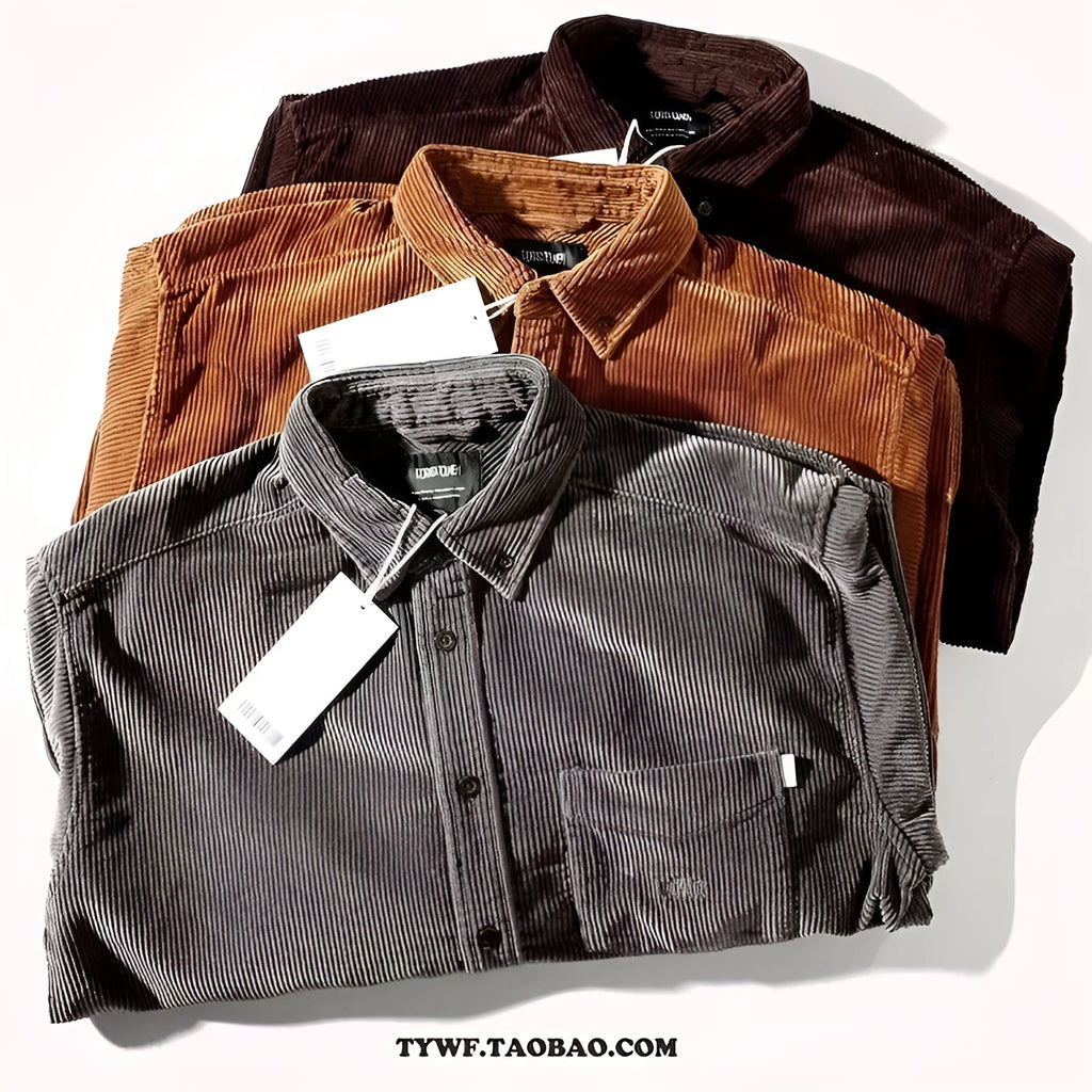 A man's loose-fit corduroy long sleeve casual shirt in caramel colour on a hanger.