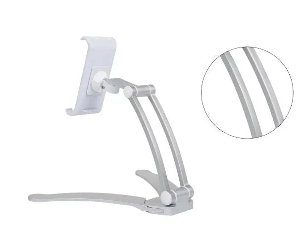 Silver aluminium alloy desktop tablet stand with adjustable white mount holding a tablet