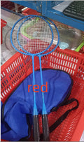 Blue and red alloy split-frame badminton and tennis racket set showing detachable design