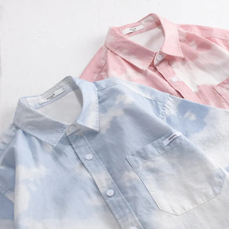 Men's light pink pure cotton short-sleeved shirt with loose fit cardigan style