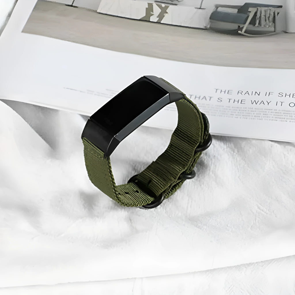 Nylon three-ring buckle replacement strap for Fitbit Charge 2, 3, 4, 5 fitness trackers in multiple colours.