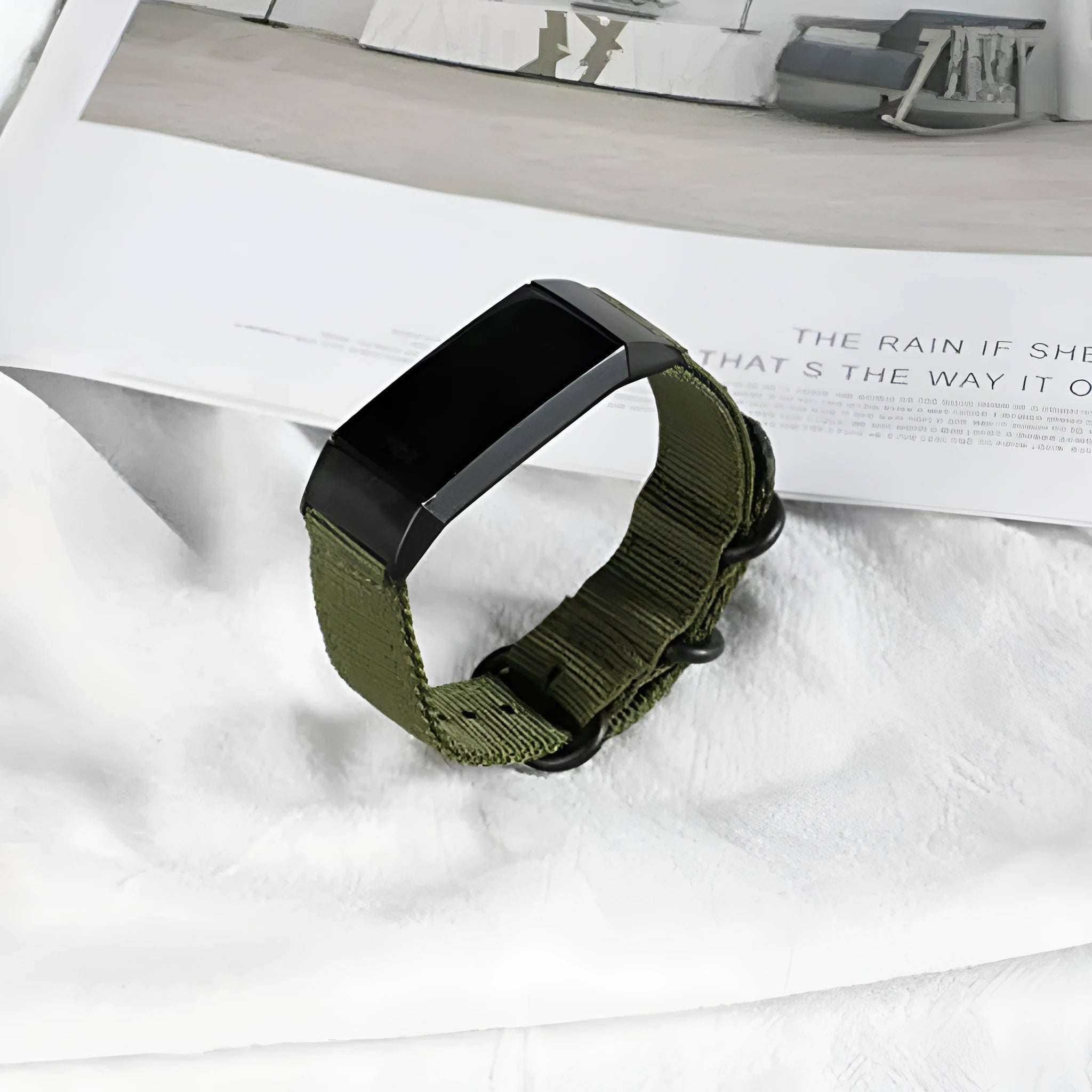 Nylon three-ring buckle replacement strap for Fitbit Charge 2, 3, 4, 5 fitness trackers in multiple colours.