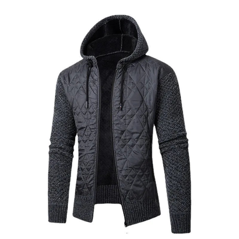 Men's grey hooded sweater coat with cinched waist and corduroy fabric texture