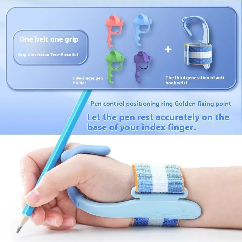 Anti-hook wrist brace pen control corrector for children's handwriting training in blue colour