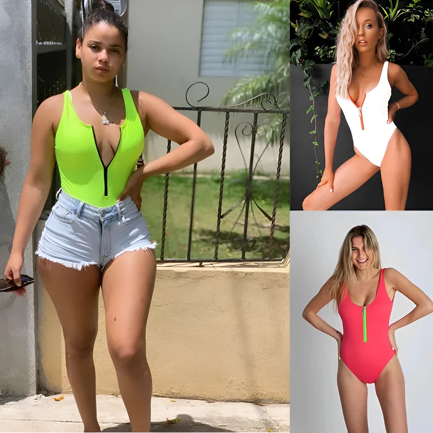 Ladies one-piece zipper printed nylon swimsuit in white with full front zip, side view on model