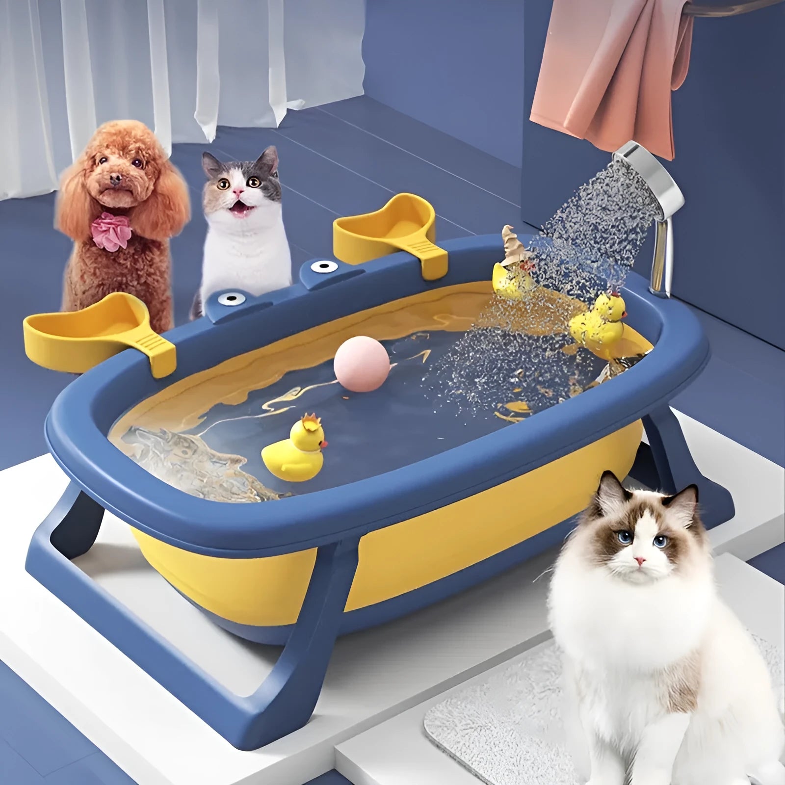 Foldable blue portable pet tub for bathing small cats and dogs at home