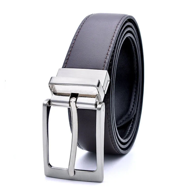 Men's dark brown and black genuine leather belt with a rotating alloy pin buckle.