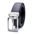 Men's dark brown and black genuine leather belt with a rotating alloy pin buckle.