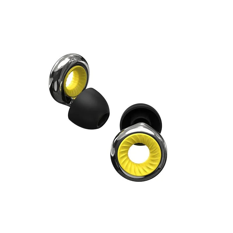 Noise reduction sleep earplugs in gold, silver, transparent, purple, and rose gold colours with a storage box