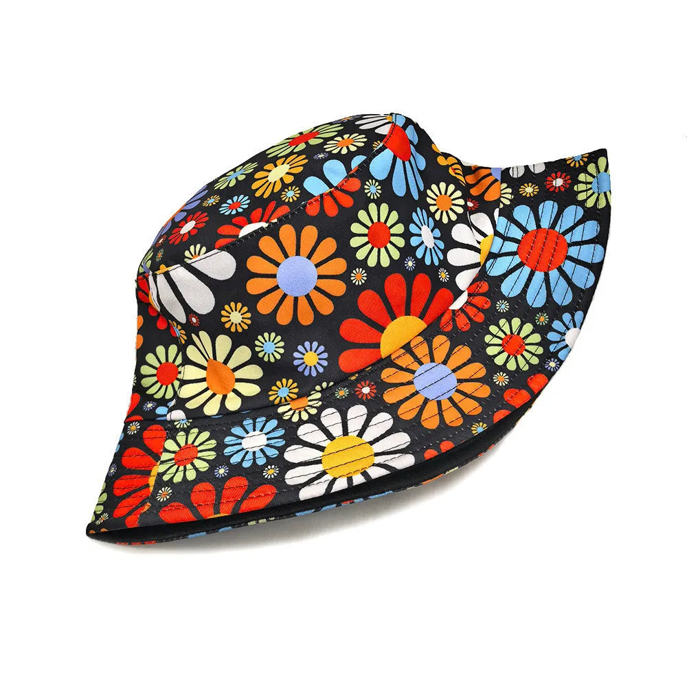 Colourful flower print polyester bucket hat with dome crown design for sun protection