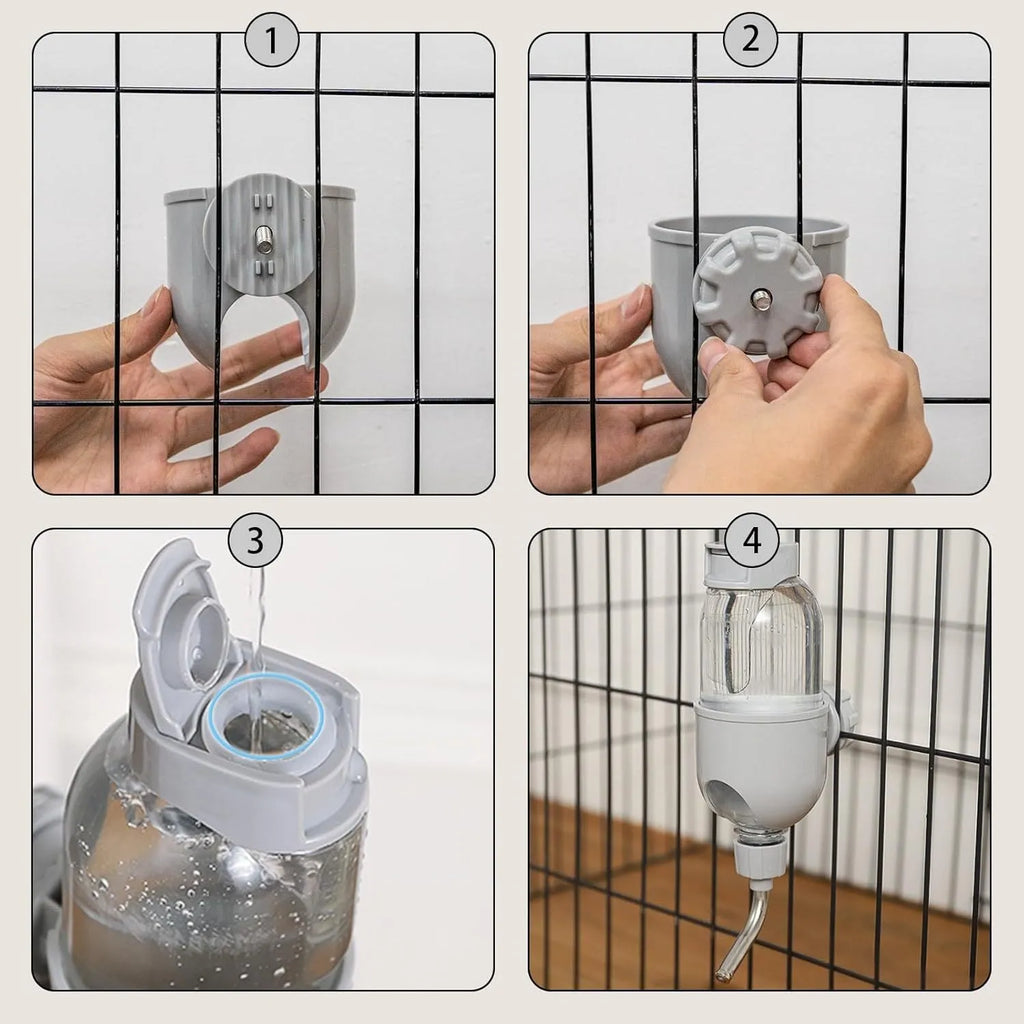 Small animal water bottle with rotatable nozzle mounted on cage bars, showing blue colour option