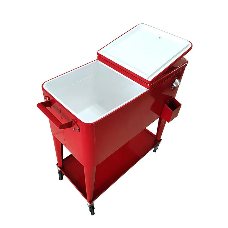 Red metal insulated trolley cart with heat preservation box and ice bucket functionality