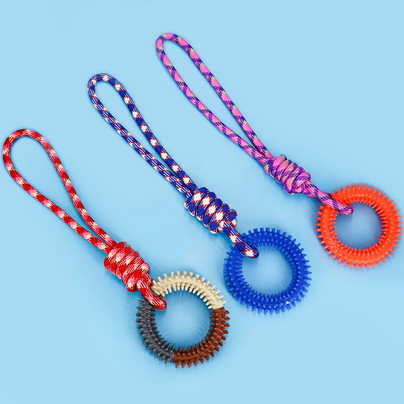 Blue braided rope dog toy with puppy knot design measuring 43 cm long