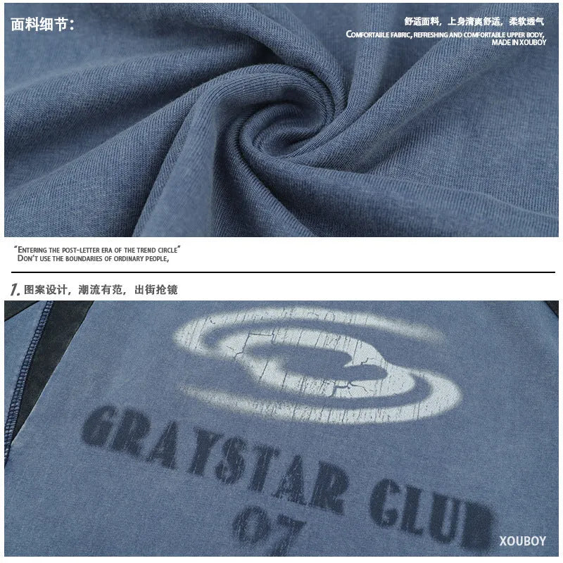 Men's blue raglan sleeve t-shirt with hip hop letter print design showing loose fit casual style