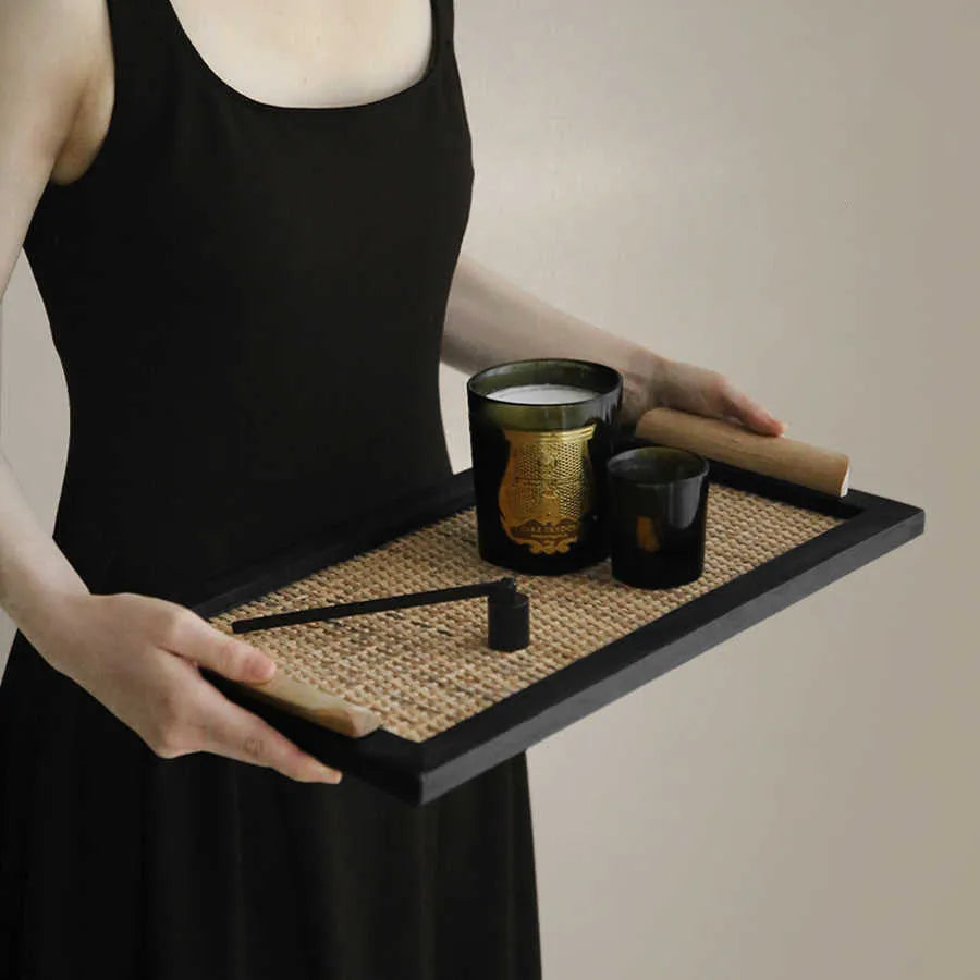 Pine wood serving tray with compartments for cups and snacks, shown in small and large size options.