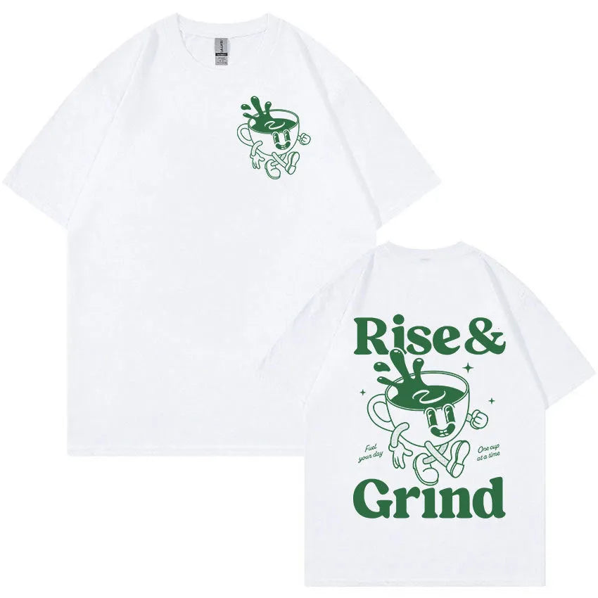 Rise And Grind green coffee cartoon print on a loose-fit linen T-shirt in khaki colour