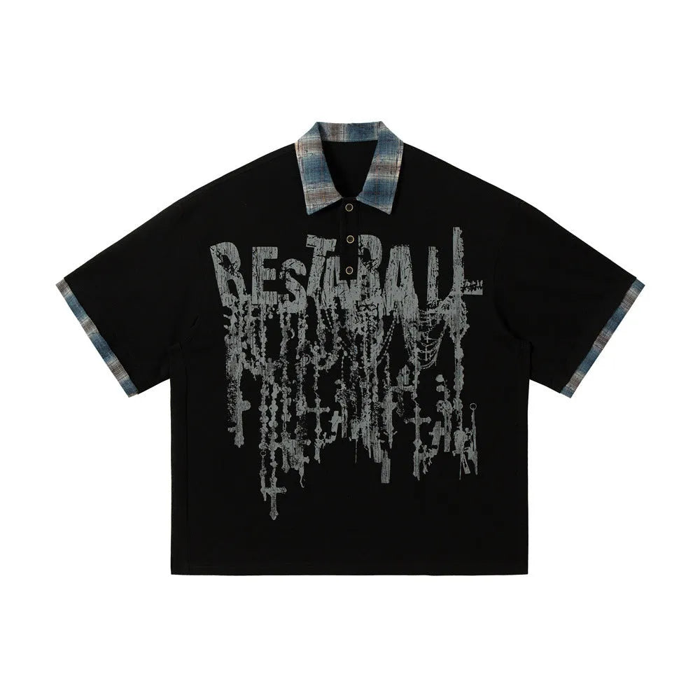 Men's loose fit short-sleeved top with graffiti printing on asymmetric lapel, in cotton fabric.