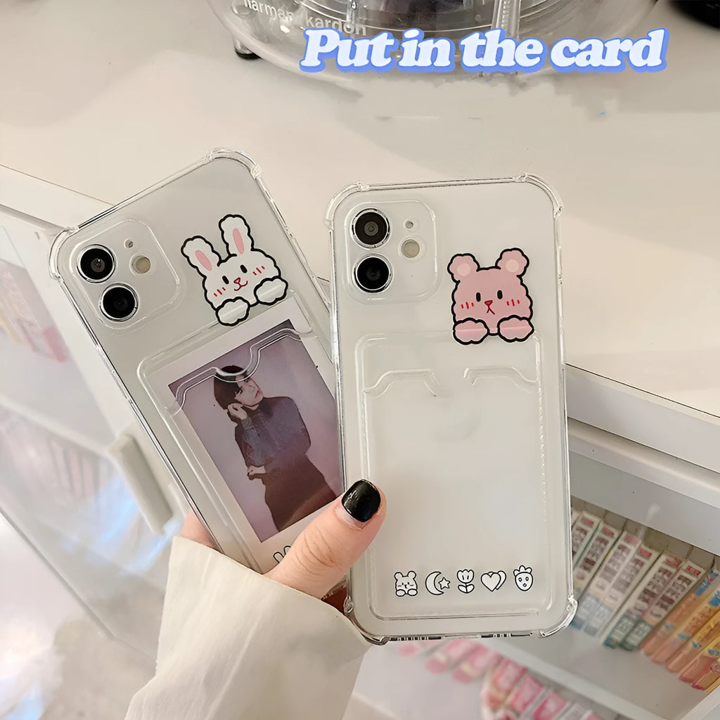 Transparent cartoon iPhone case with card holder slot for iPhone 13 and other models