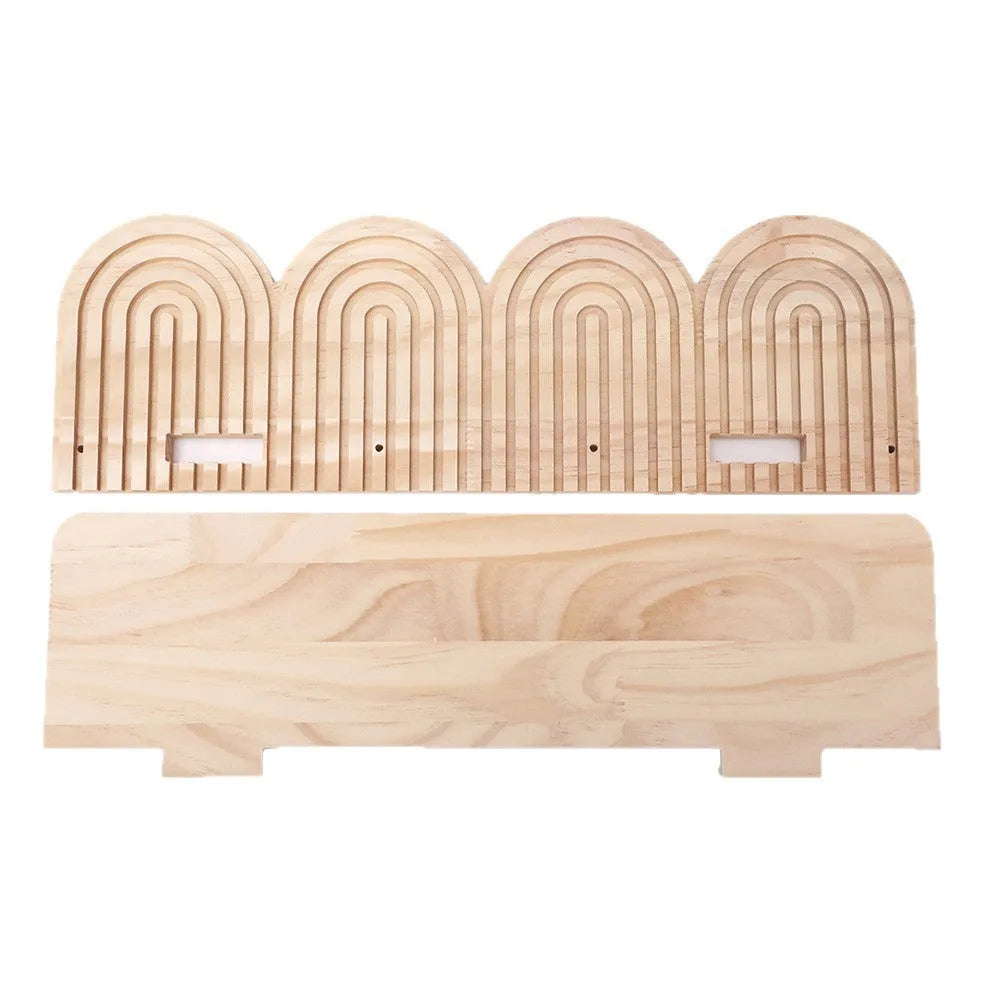 Wooden multi-layer wall storage rack holding potted plants on horizontal shelves