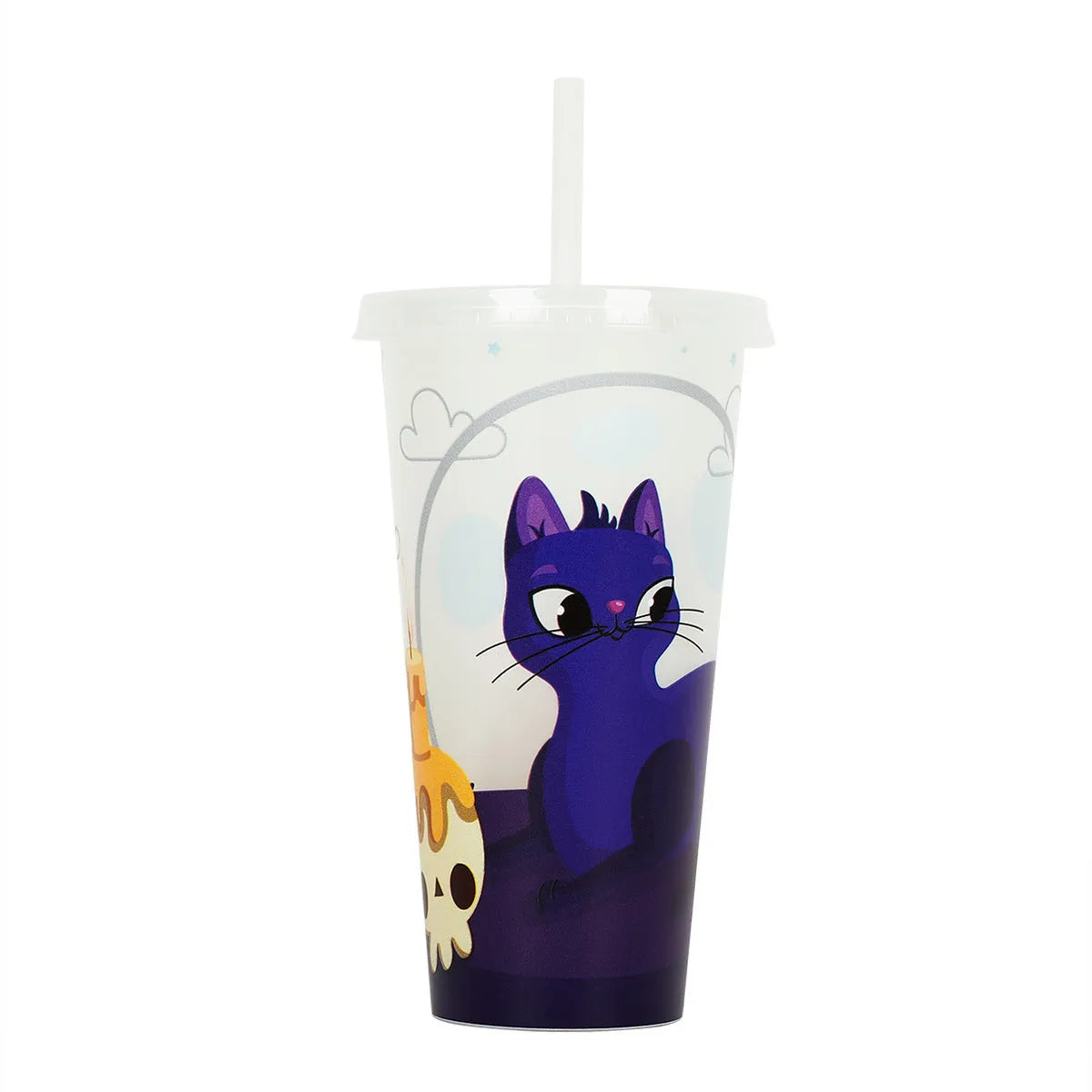 A 720ml plastic Halloween sippy cup with a luminous straw, shown in one of six available colours.