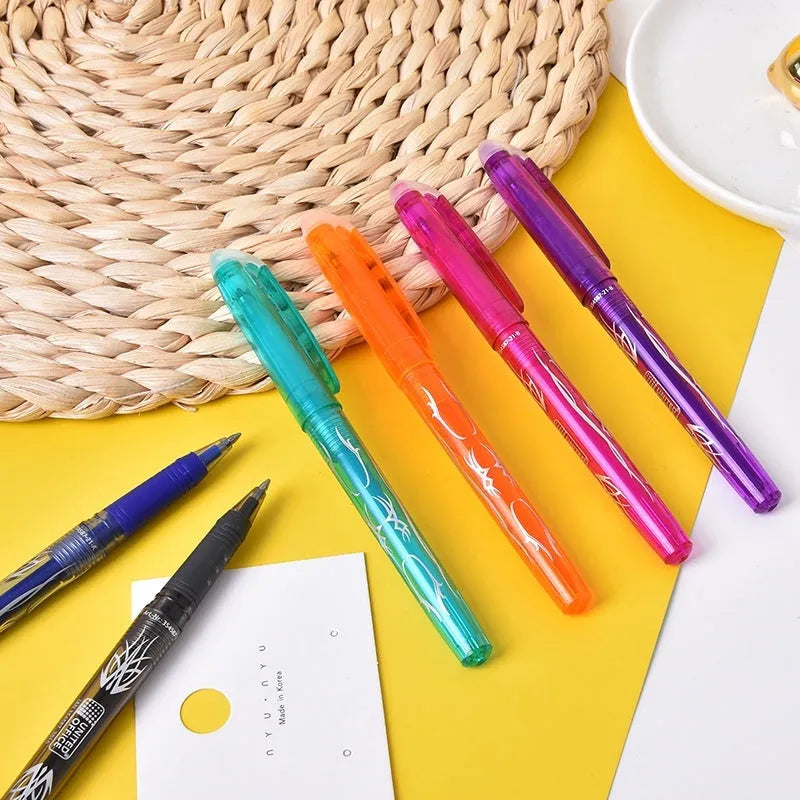 Pack of heat-erasable gel pens with plastic casings and stainless steel nibs in 0.5mm or 0.7mm sizes