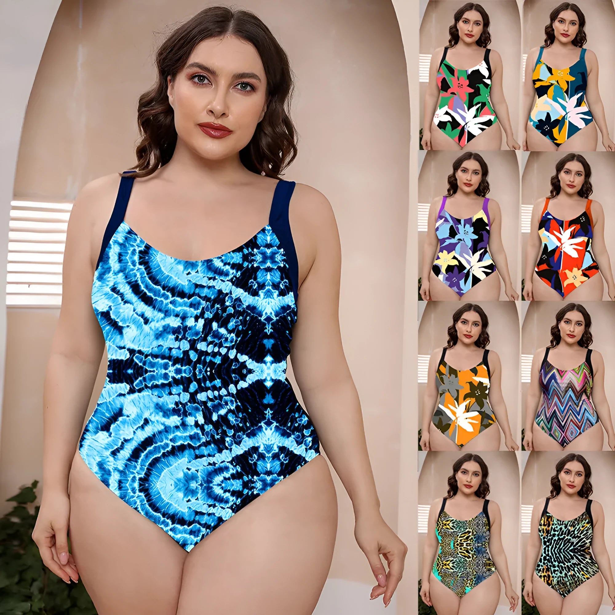 Conservative one-piece floral print swimsuit with spaghetti straps on a mannequin.