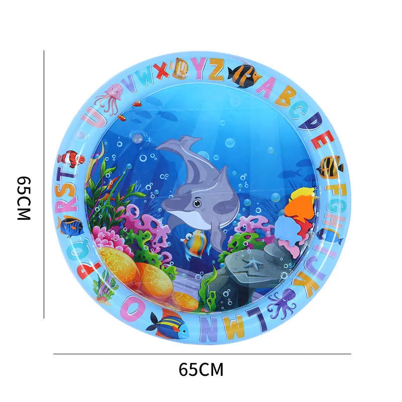 Thickened PVC water sensory playmat for cats and dogs with floating fish toys on a blue background