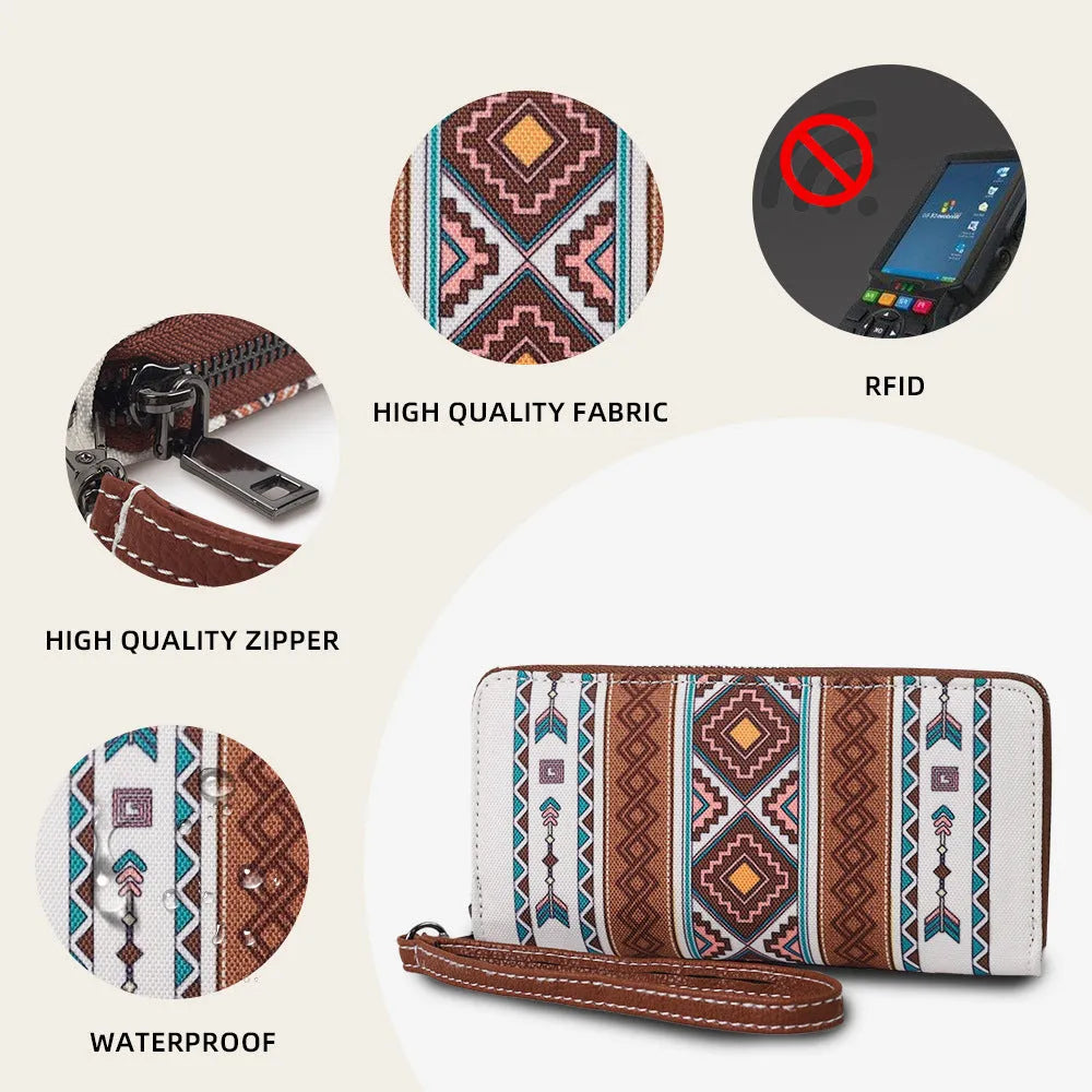 Bohemian stripe pattern canvas RFID wallet with wind belt design