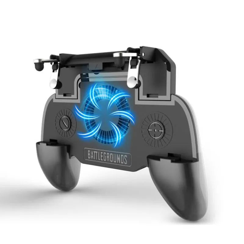 Black USB mobile game controller for smartphones with aluminium alloy details and ergonomic grip.