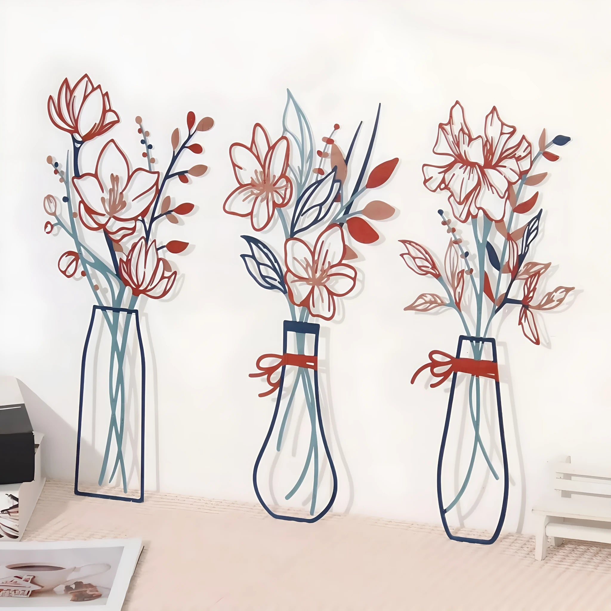 Three-piece set of modern metal flowers wall art with alloy construction in farmhouse style
