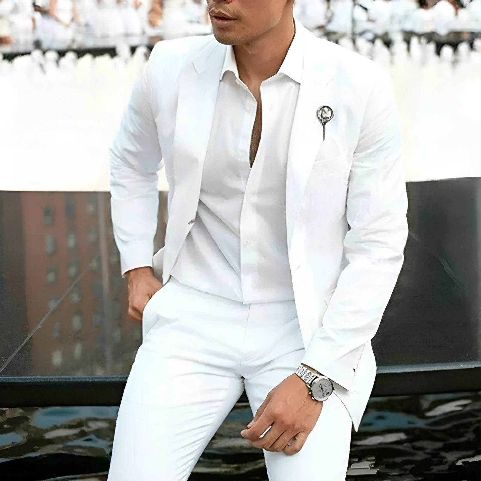 Men's white slim fit two-piece suit set for weddings, showing jacket and trousers.
