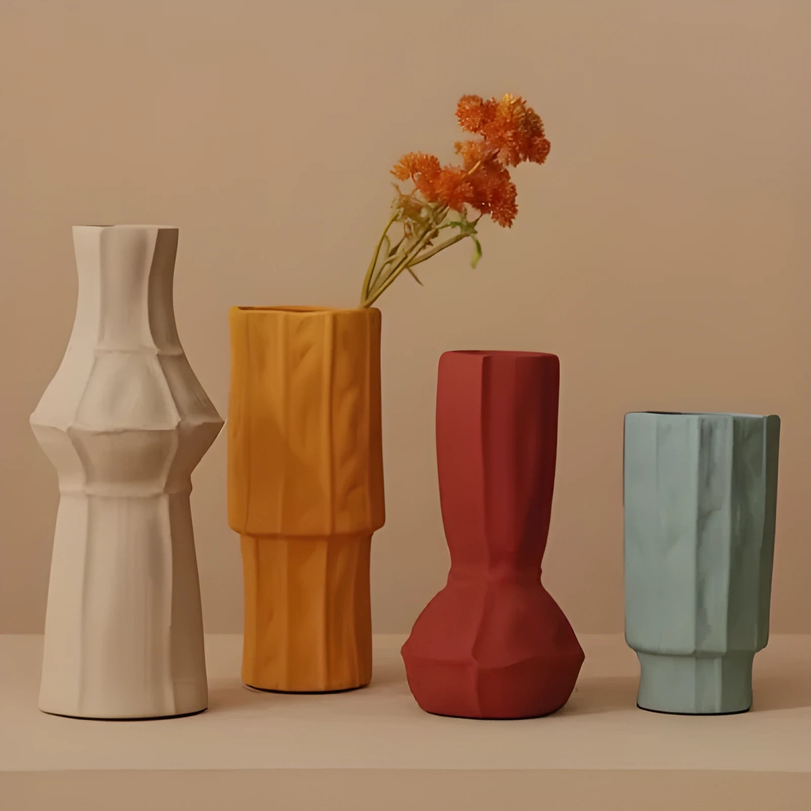 Morandi glazed texture ceramic geometric vase in muted colour for living room decor
