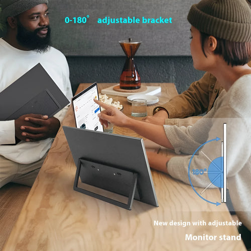Black 15.6-inch portable monitor with adjustable stand showing Full HD display with office application