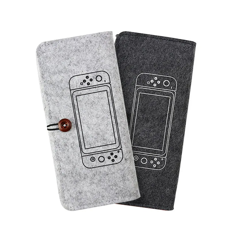 Black felt protective pouch for Nintendo Switch console showing game card slots and double layer design