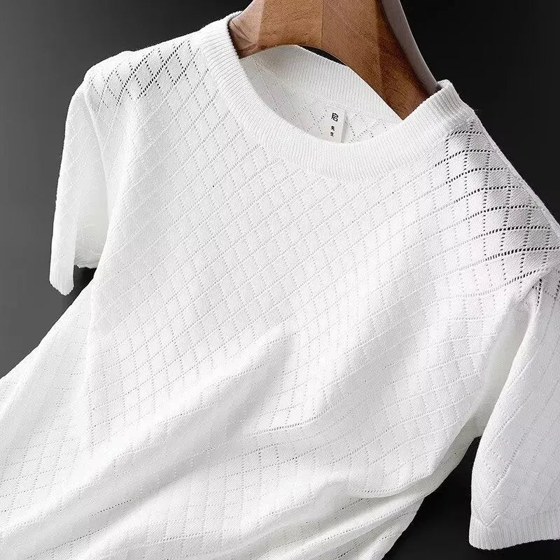 Men's ice silk V-neck t-shirt in black and white colours with Korean style pullover design