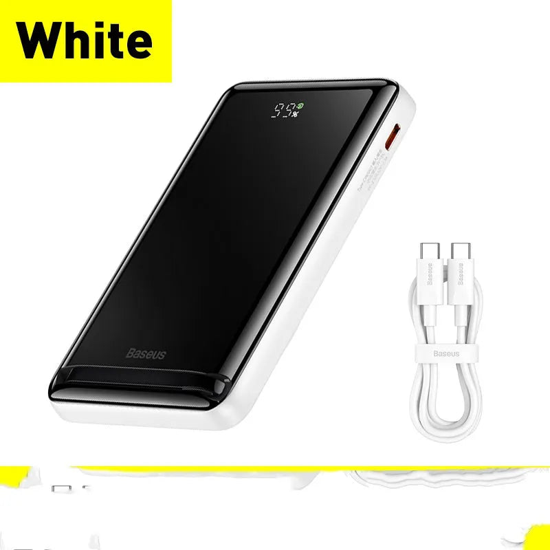 Slim blue magnetic power bank with wireless charging surface, shown next to its included USB cable.