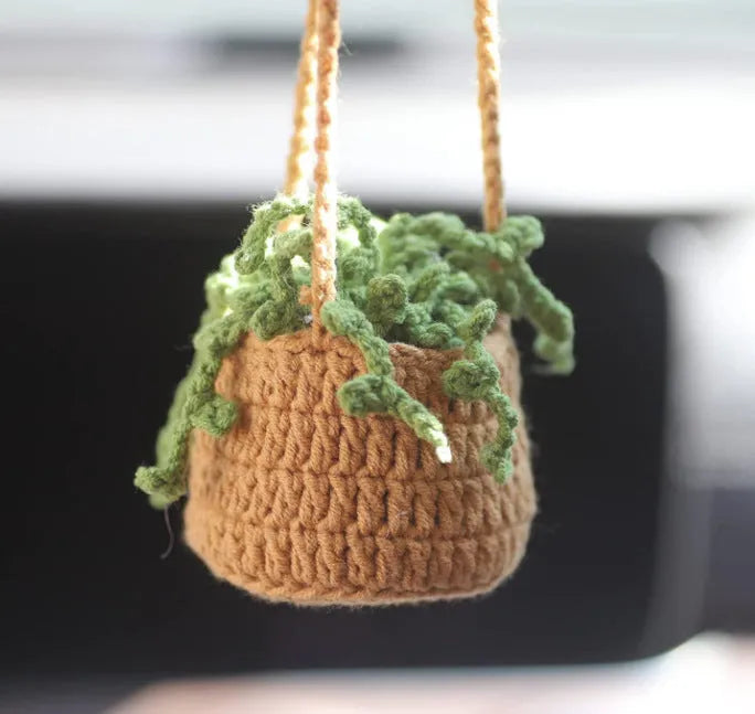 Green and white knitted wool succulent car ornament with 8cm base and hanging cord