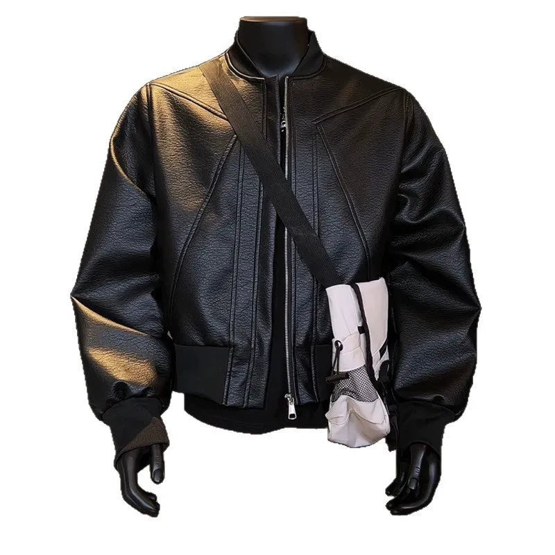 Men's extended length PU litchi leather jacket in light business style