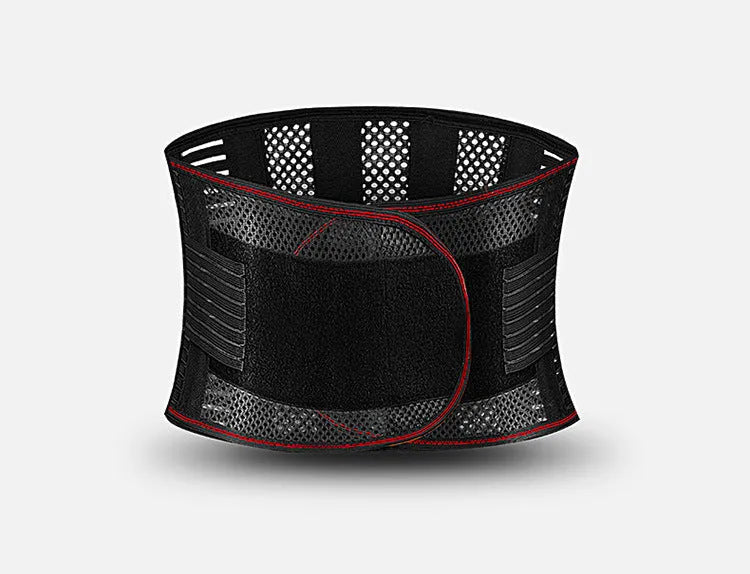 Black sports waist support belt with steel plate for lumbar decompression during running, yoga and fitness.
