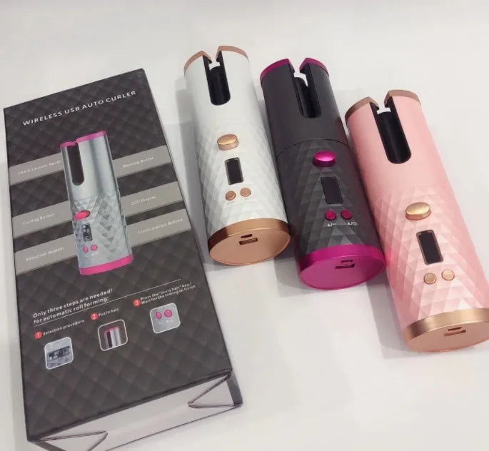 Portable automatic USB charging mini curling iron with gold ceramic barrel in white colour