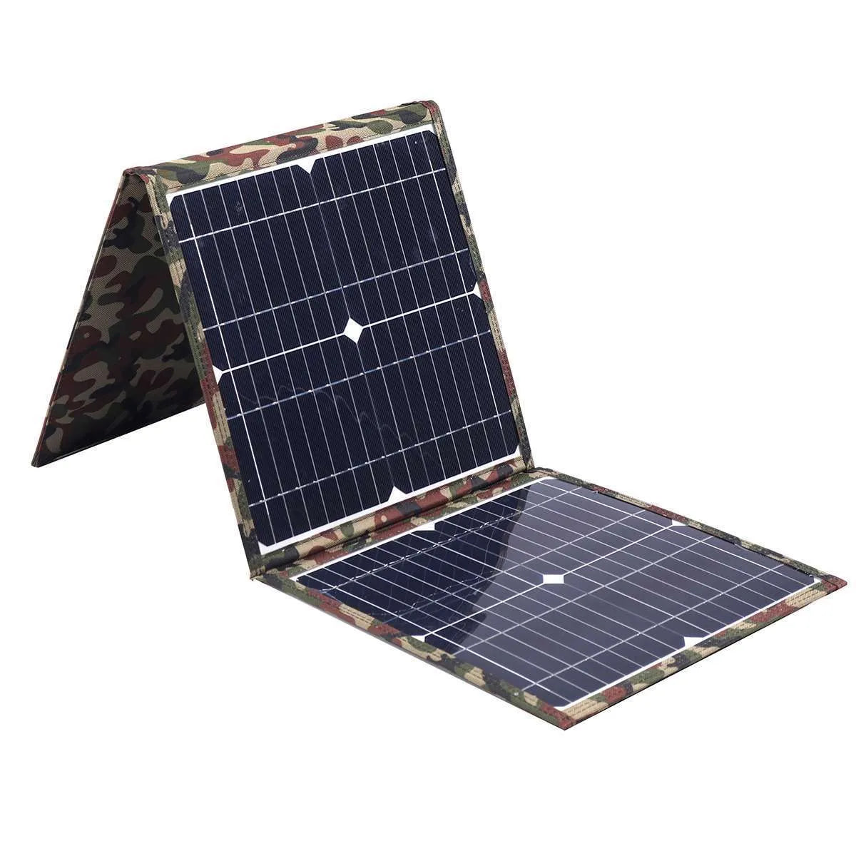 Black foldable 36W solar panel unfolded showing three monocrystalline silicon cells with car charger and USB accessories