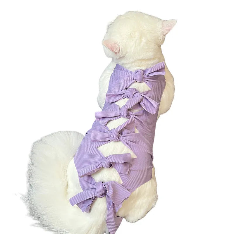 Lace-up polyester cat sterilisation clothing in multiple colours on size chart for 1.5kg to 9kg pets.