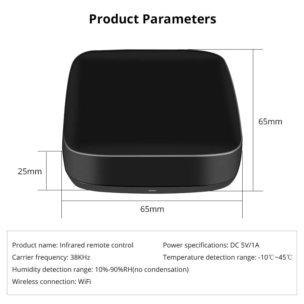 Black voice control universal infrared remote control with WiFi connectivity and environmental sensors