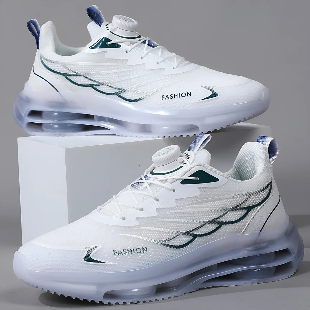 White Korean-style casual sneakers with rotating button closure and mesh upper