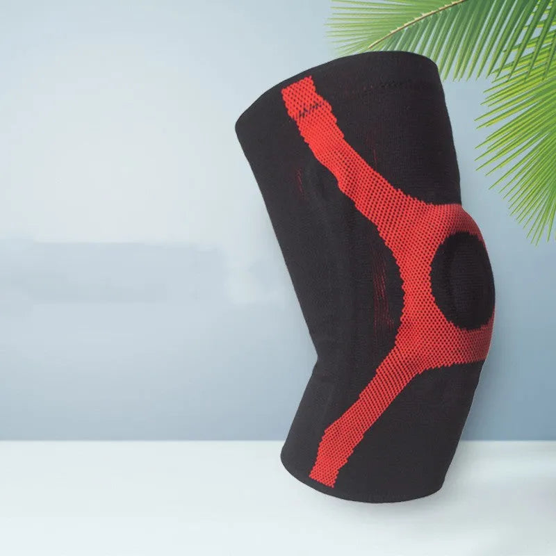 Red and grey silicone knitted sports knee pads for running and climbing with non-slip design