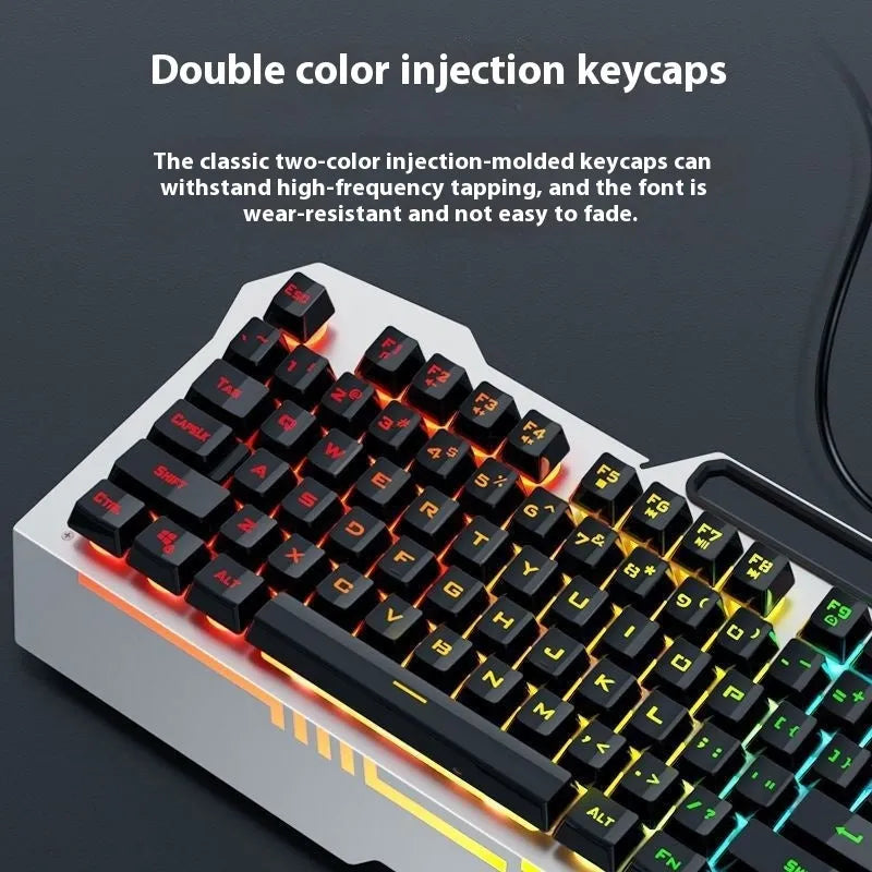 Mechanical gaming bundle showing black keyboard with blue backlighting alongside matching mouse and headset