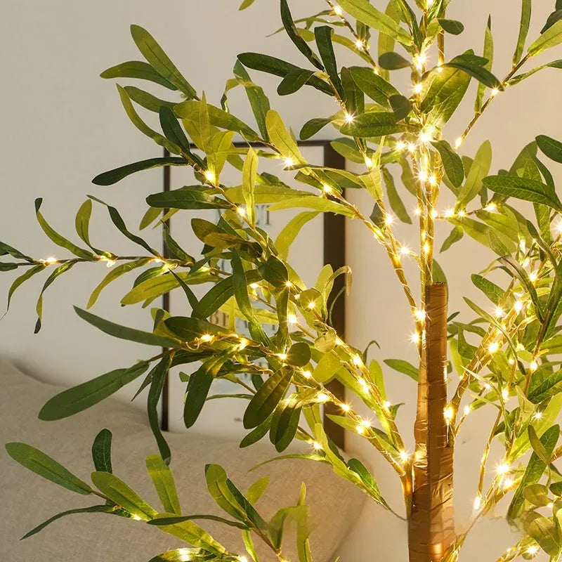 1.8 metre tall artificial olive tree lamp with warm LED lights throughout branches for courtyard decoration